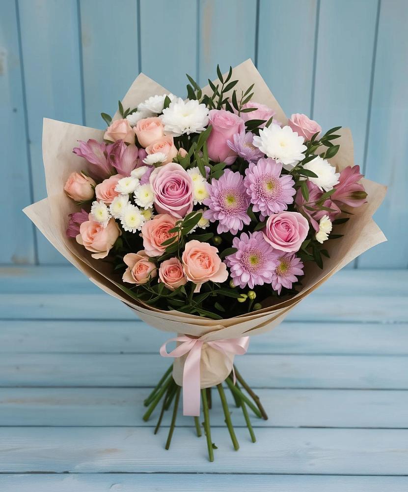 Букет цветов из: Хризантемы, Розы и Альстромерии в Белогорске Амурской области