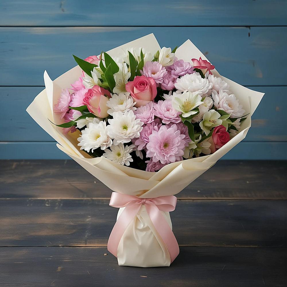 Букет цветов из: Хризантемы, Альстромерии и Розы в Белогорске Амурской области